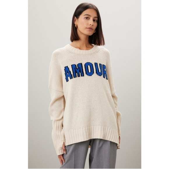 Zadig & Voltaire Malta Amour Cream Blue Varsity Wool Crewneck Sweater Size Large - Picture 2 of 10